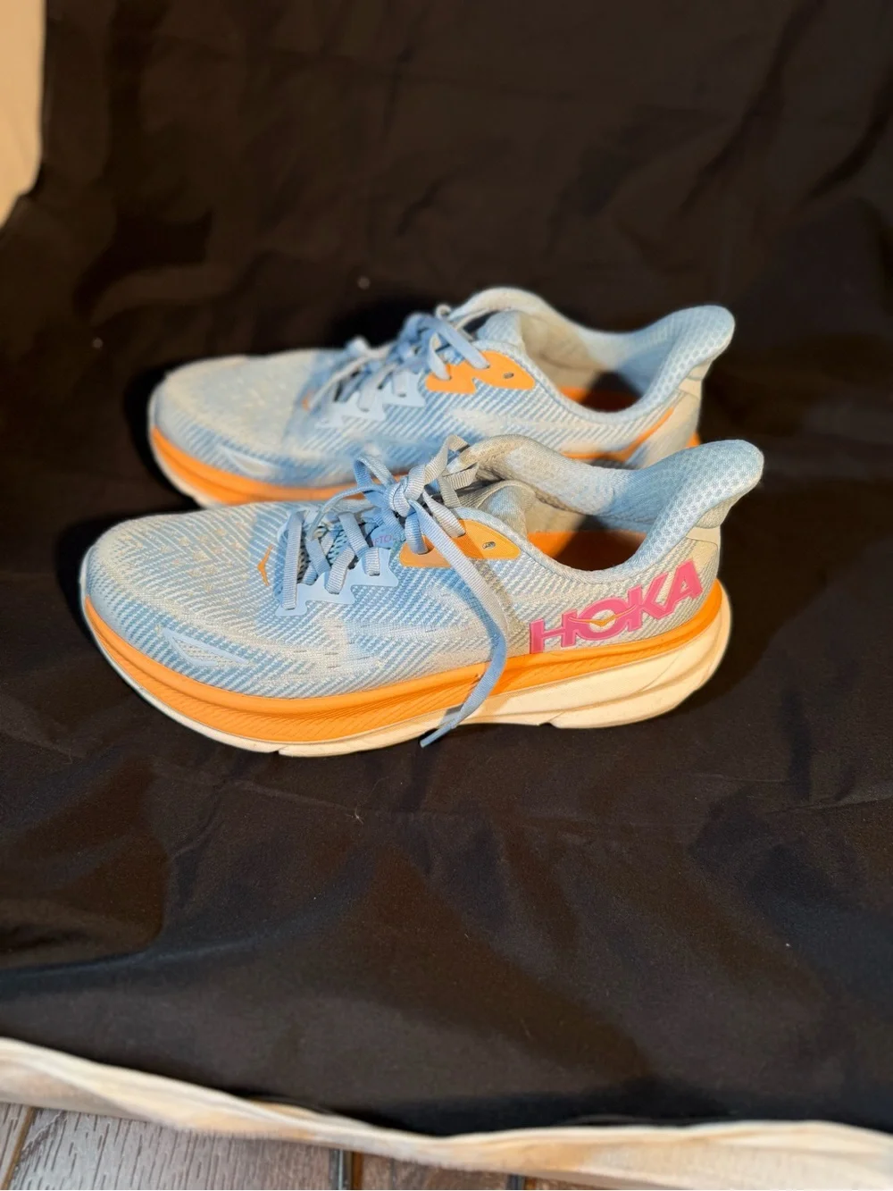 Hoka Women’s Clifton 9 Light AiryBlue with Orange Accents Athletic Running Shoes - Picture 2 of 7